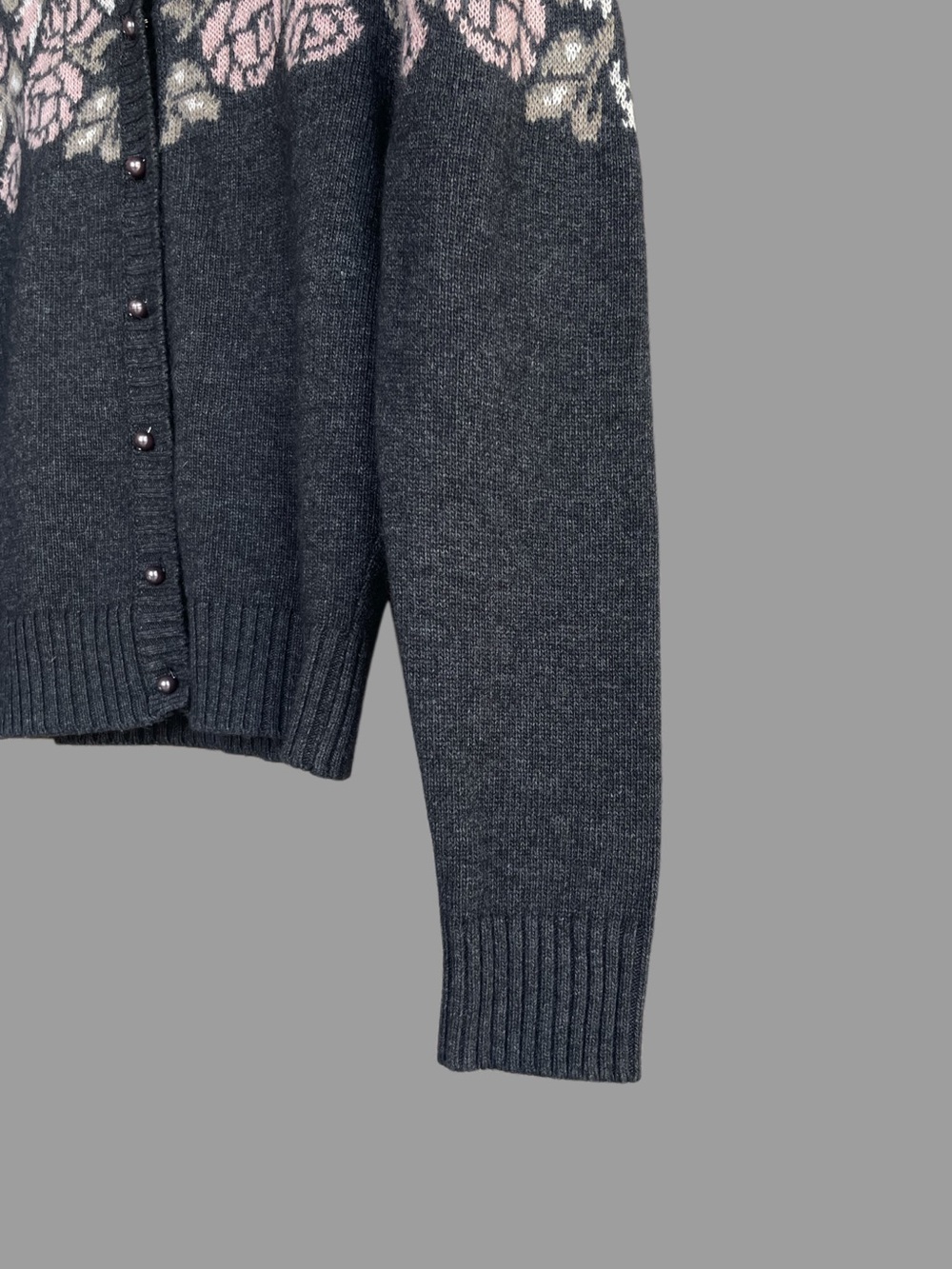 ROUJE Gray & Pink Floral Wool Cashmere Retro Robert Puff Sleeve Cardigan Sweater - Picture 9 of 13